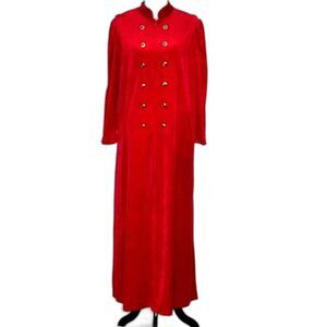 Third Generation Vintage Christmas Red Velvet Button Accent Zip Front Long Robe